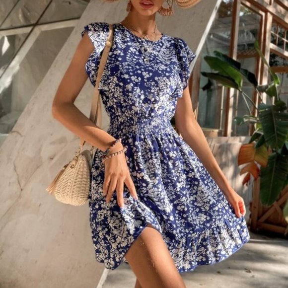 . Dresses & Skirts - Floral Ruffle Trim Shirred Waist Dress blue